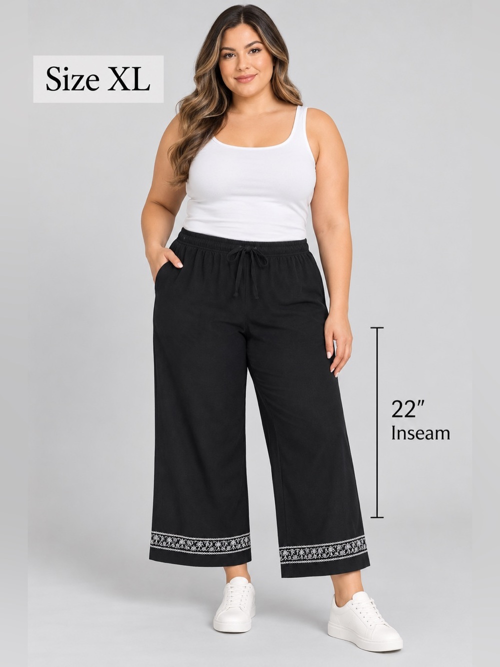 A.M.I. Women's Black Wide-Leg Pants with Decorative Embroidered Hem - Size XL